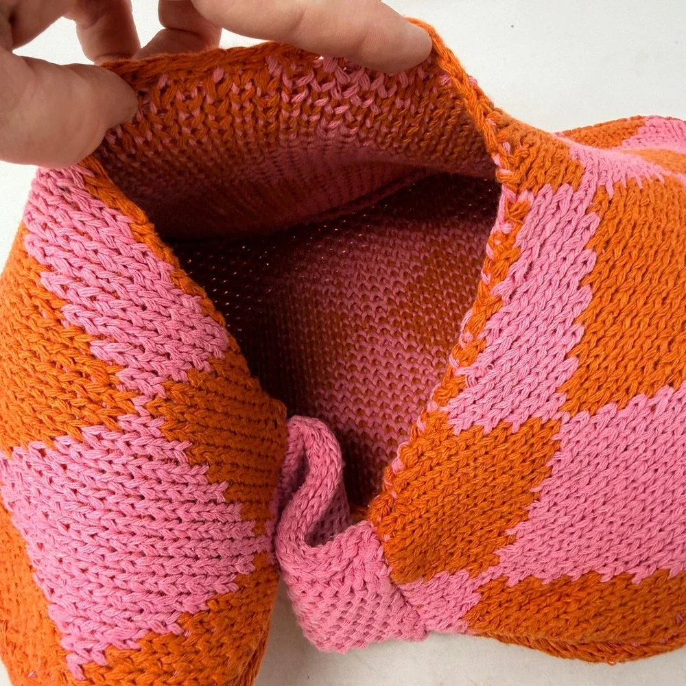 Kopari Pink Orange Checkered Knit Tote Bag Harlequin Pattern Top Handle Bag